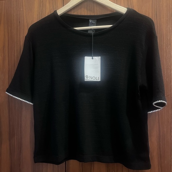 Noli Tops - Noli Black Short Sleeve Top with Rhinestone Sleeve Detail